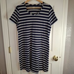 Lands End 100 % Cotton Knit Shift Dress L 14 /16  Striped Navy White Nautical